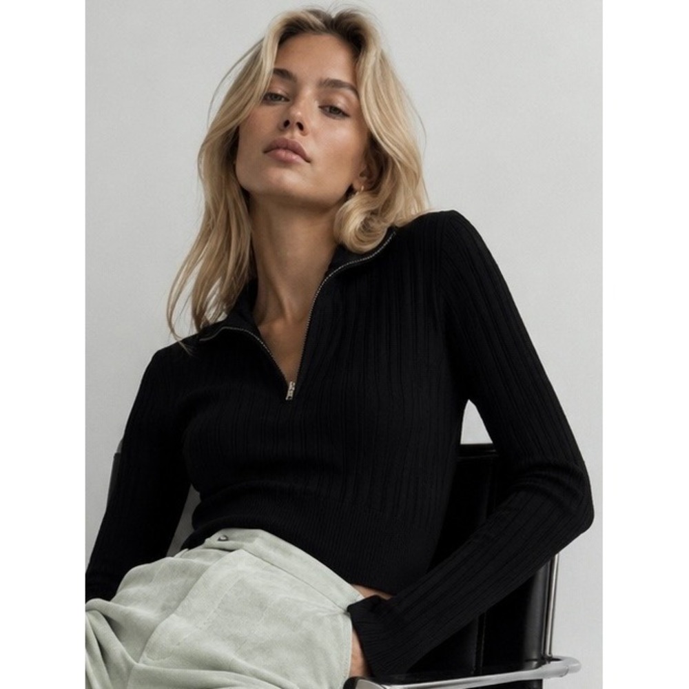 Hooked Up Black Ribbed Quarter Zip Mock Neck Sweater Long Sleeve Large